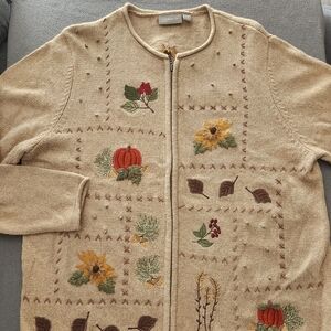 Croft Barrow Full Zip Cardigan Sweater 1X Fall Leaves Pumokin Sunflowers 3D Knit